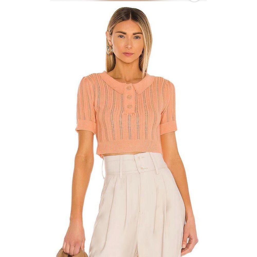 For Love & Lemons Phoebe Pointelle Polo Sweater Womens XS Peach Cropped Top NWT